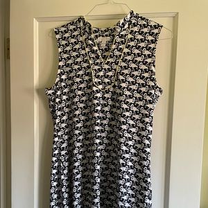 Sleeveless summer dress! Cute blue and white pattern with yellow piping.